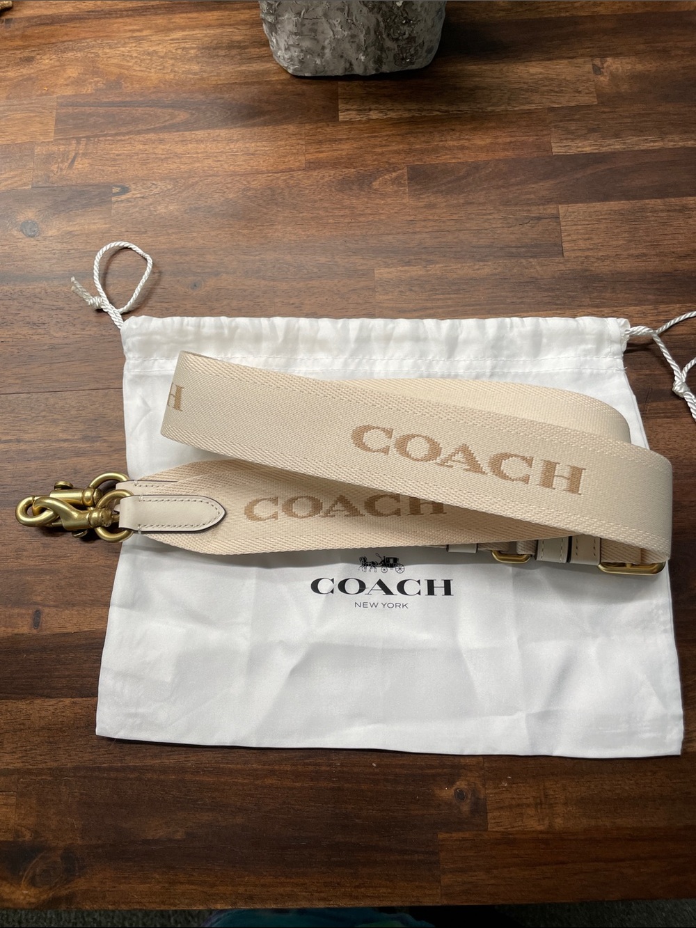 COACH Beige Canvas Logo Strap with Gold Hardware